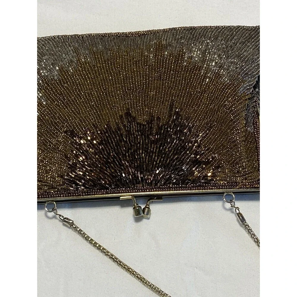 Silver, Bronze, Gold Beaded Party Purse w/Snap Kiss Closure Vintage